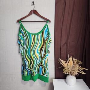 Gold Flava Women's Blouse Size 22 Green Striped Beaded Straps Cold Shoulder